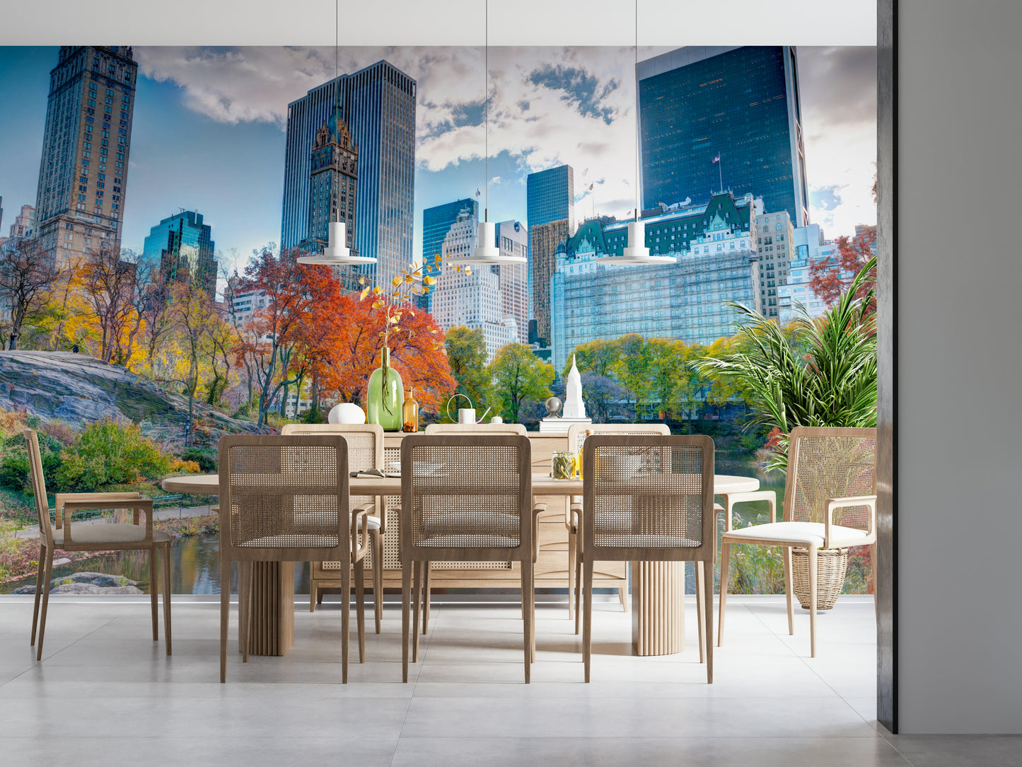 New York City Fall panorama, scenic building mural, artistic wallpaper.