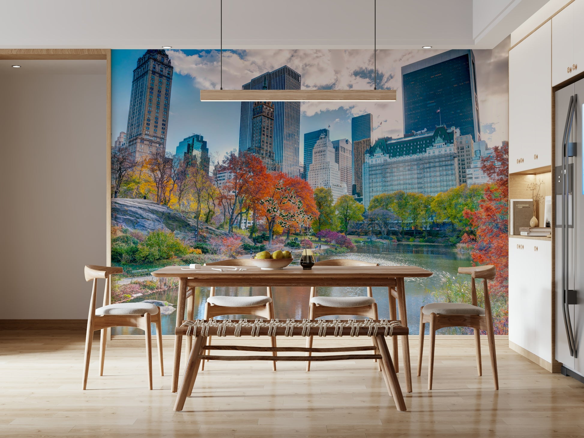 Central Park Autumn scene wall mural, picturesque urban wallpaper for homes.
