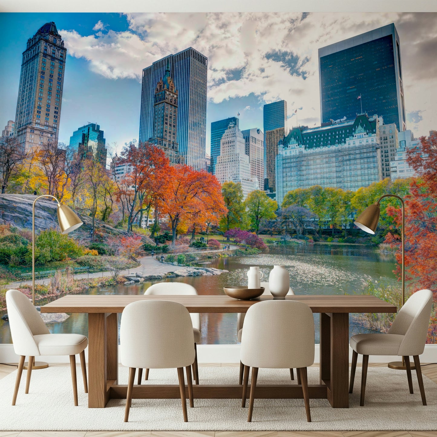 Skyscrapers background, bright Autumn leaves wallpaper, impressive nature mural.