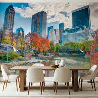 Skyscrapers background, bright Autumn leaves wallpaper, impressive nature mural.