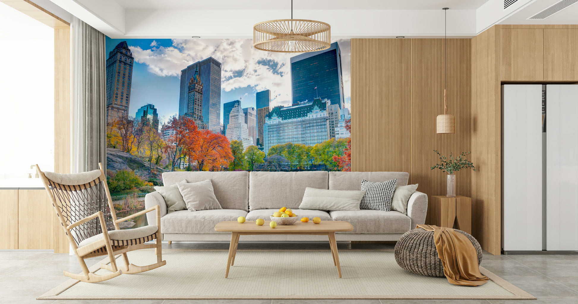 Colorful Fall foliage, reflective pond, City skyline wallpaper design.
