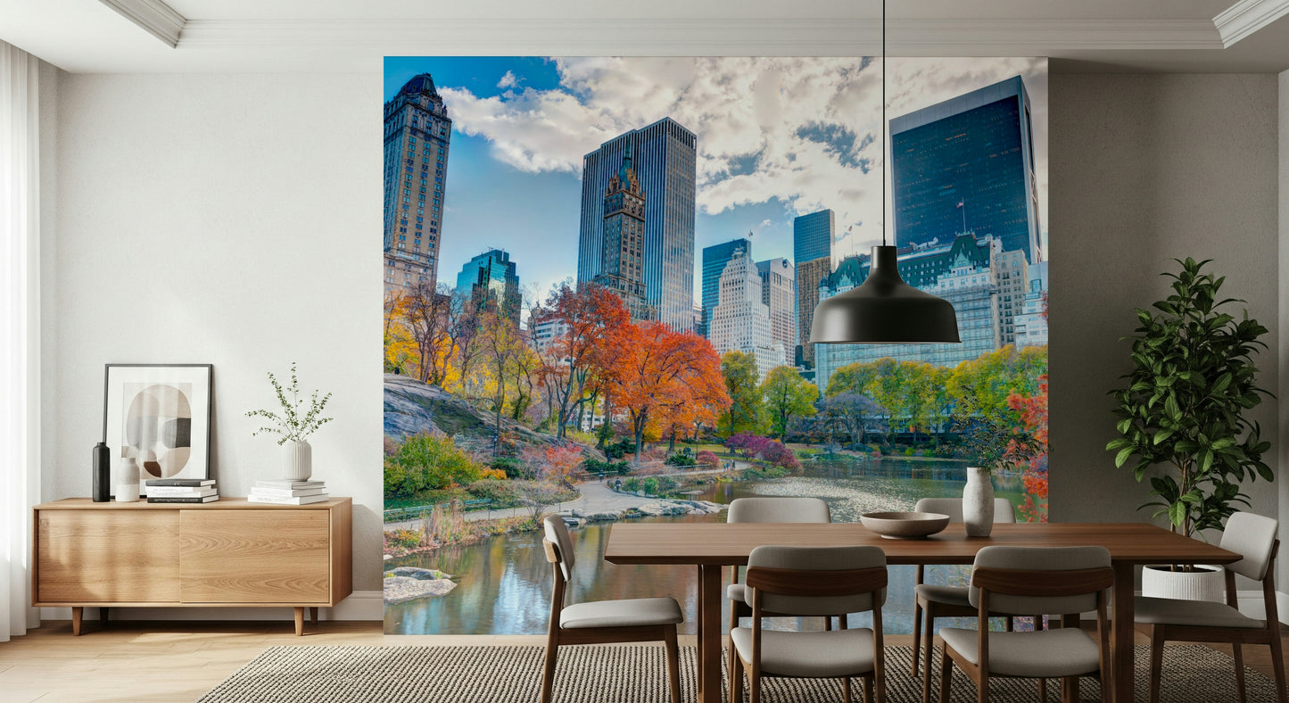 Golden Fall season, iconic buildings, City park wallpaper print.