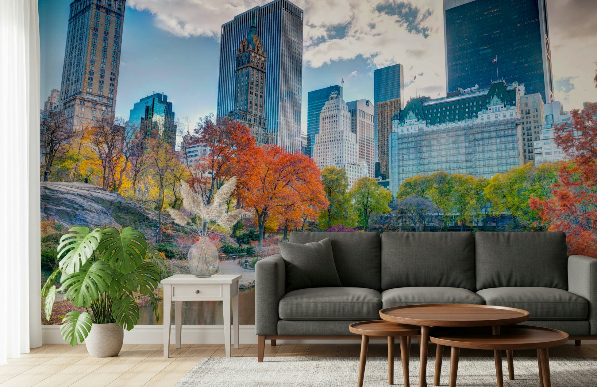 Vibrant Autumn trees, tranquil water, metropolitan wallpaper, captivating mural.