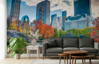 Vibrant Autumn trees, tranquil water, metropolitan wallpaper, captivating mural.
