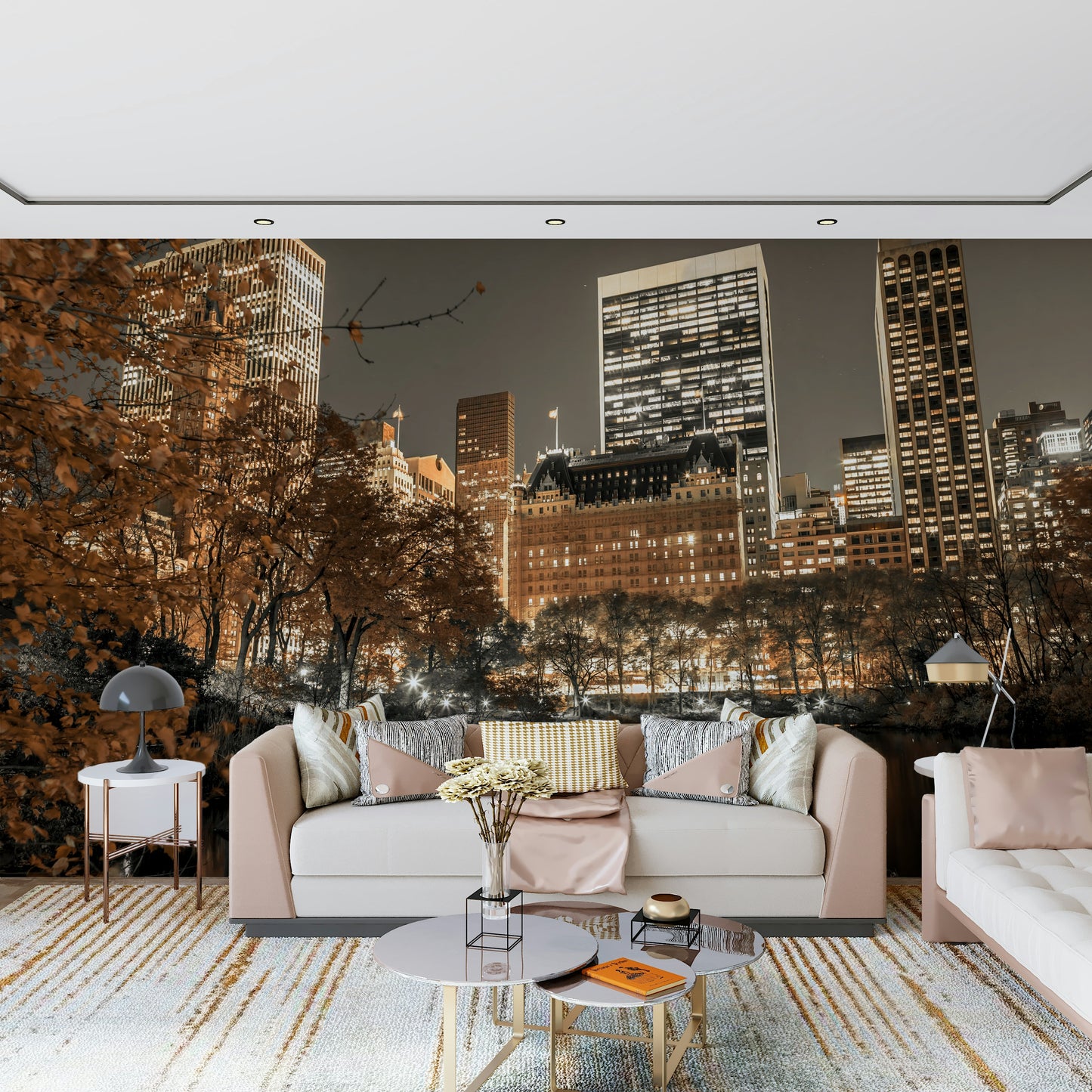 Dusk hour panorama, building lights wall mural, elegant autumn wallpaper style.
