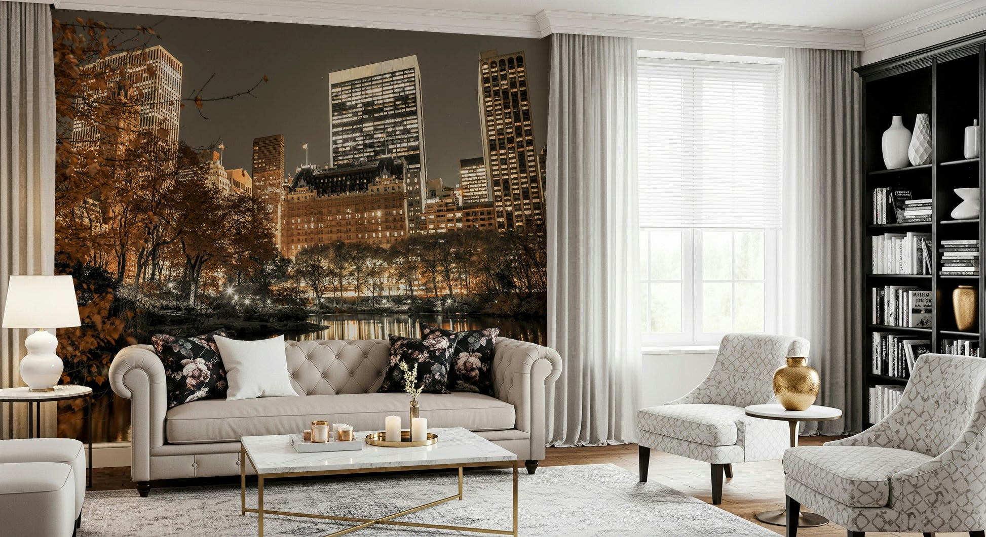 Autumn trees, bright lights Dusk mural art, sophisticated living room wallpaper.