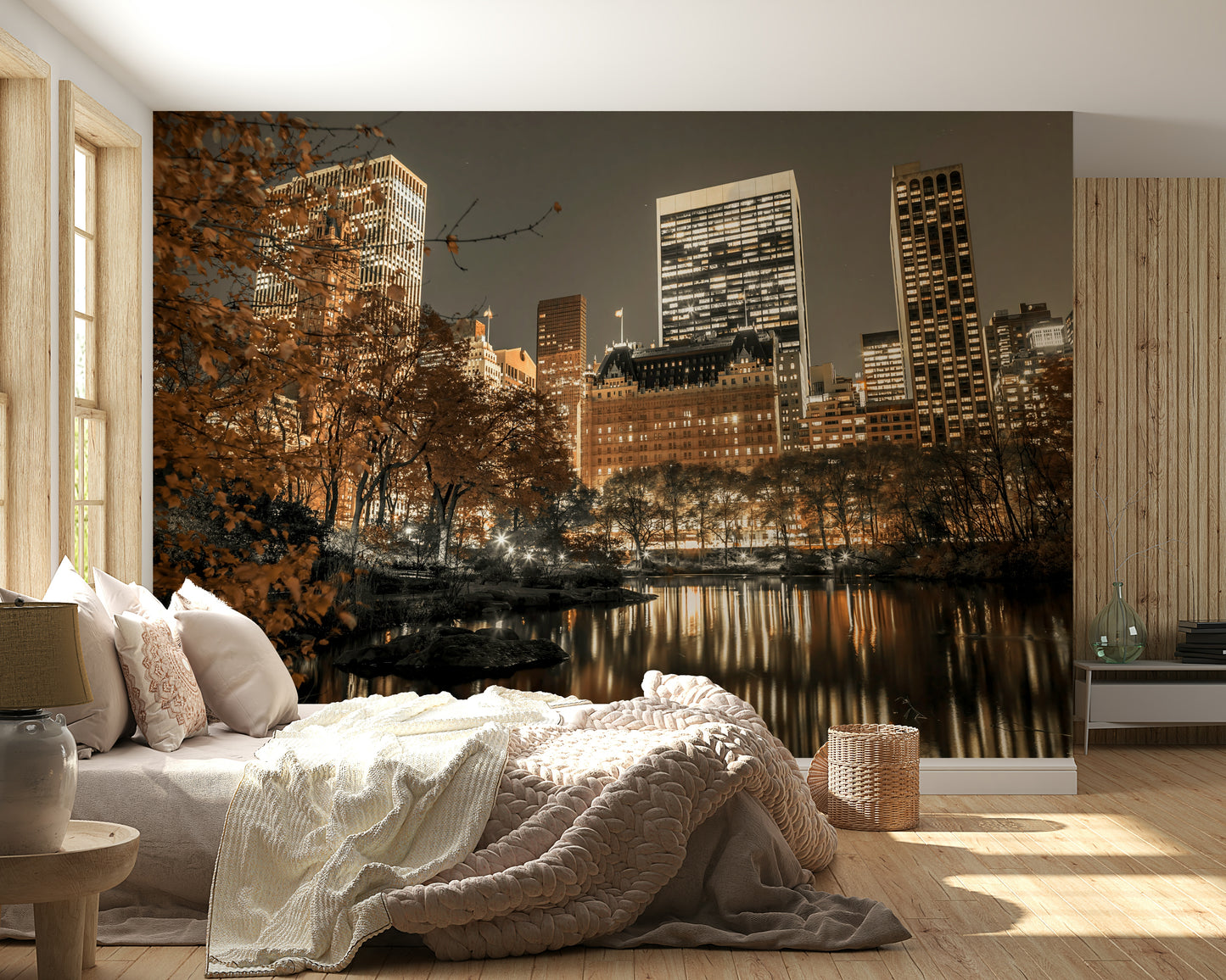 New York cityscape wallpaper, tranquil pond view, magnificent mural.