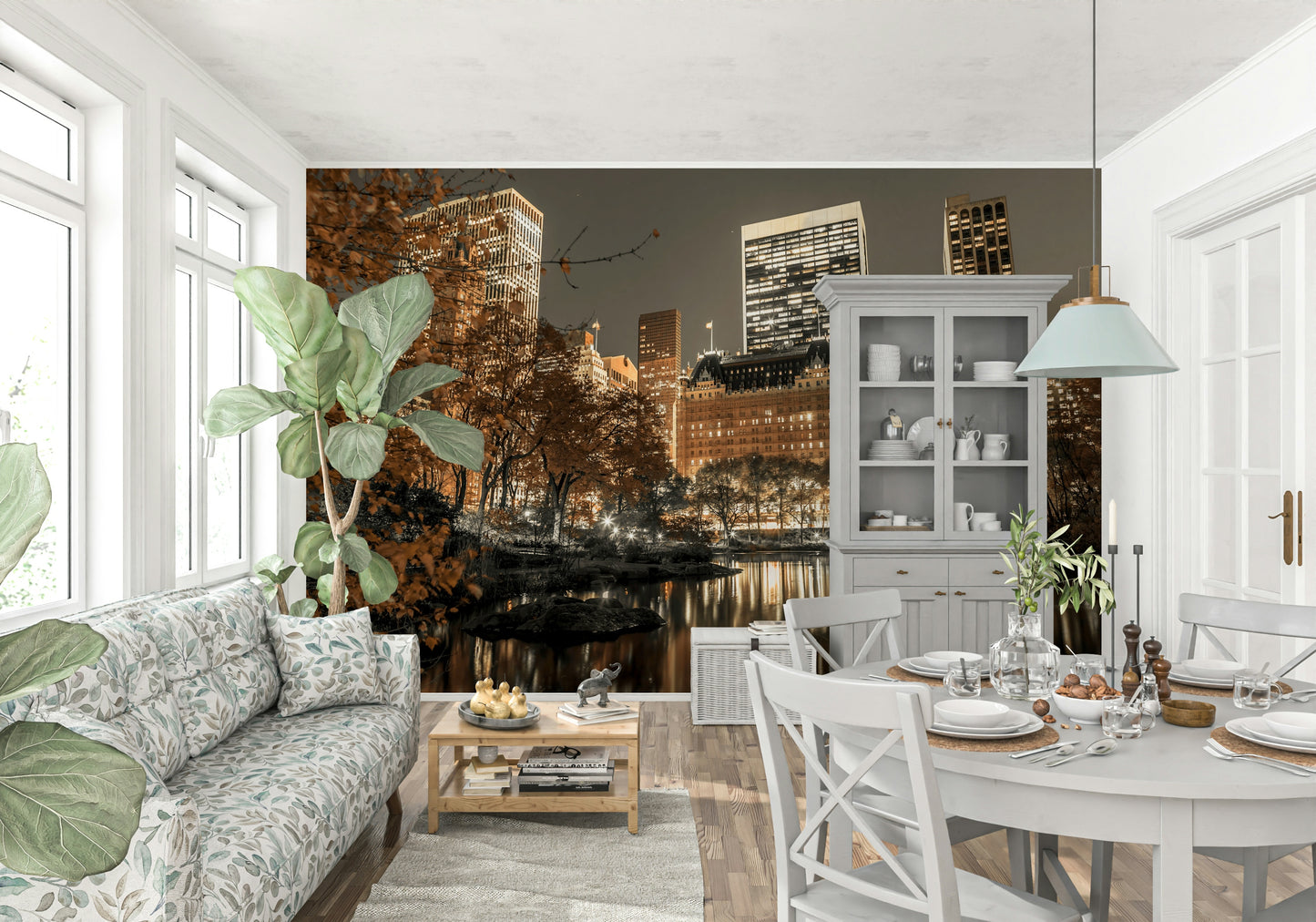 Metropolis skyline at night, impressive wall mural, stylish home wallpaper.