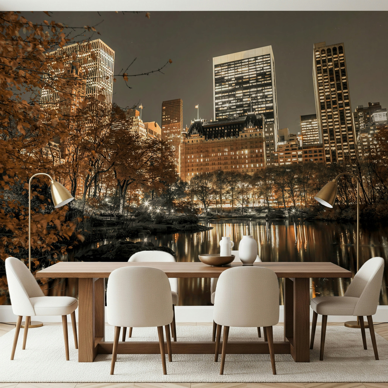 Metropolis at Dusk city view wallpaper for walls, stunning autumnal mural.
