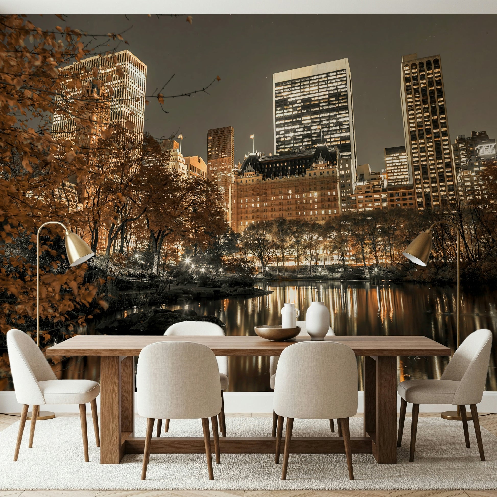 Metropolis at Dusk city view wallpaper for walls, stunning autumnal mural.