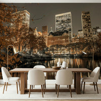 Metropolis at Dusk city view wallpaper for walls, stunning autumnal mural.