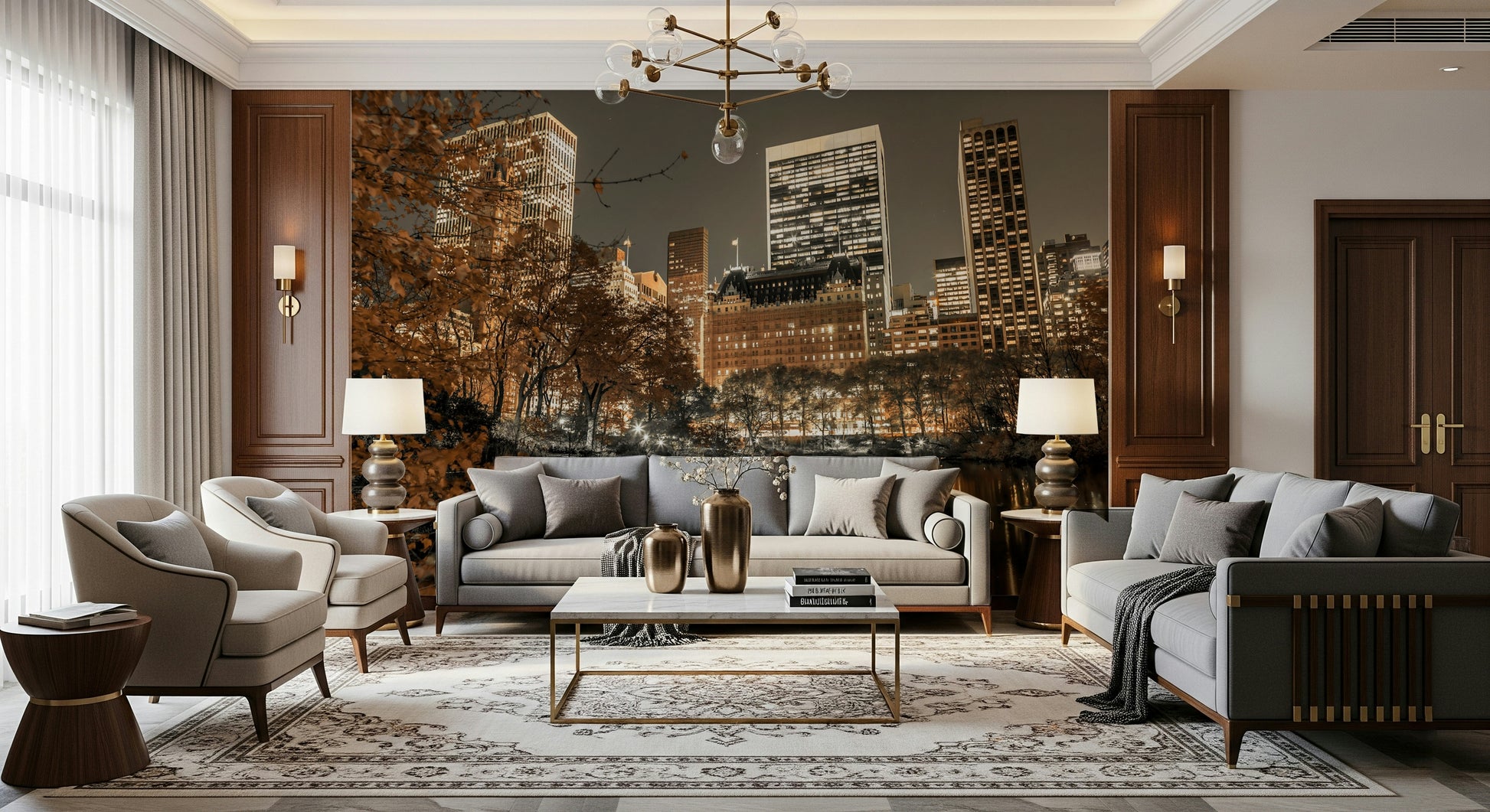 City night wall mural, glittering Metropolis panorama wallpaper design, evening dusk.