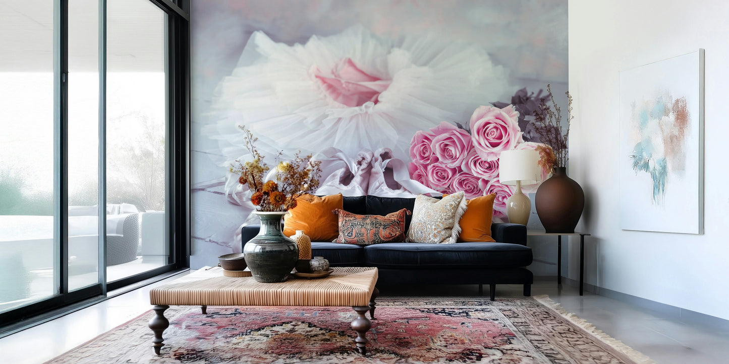 Silken pointe shoes pink tutu gorgeous flower mural.