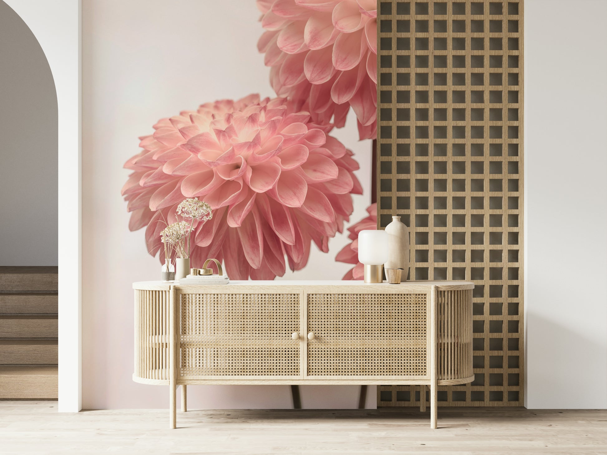 Soft dahlia wallpaper, featuring three beautiful flower heads.