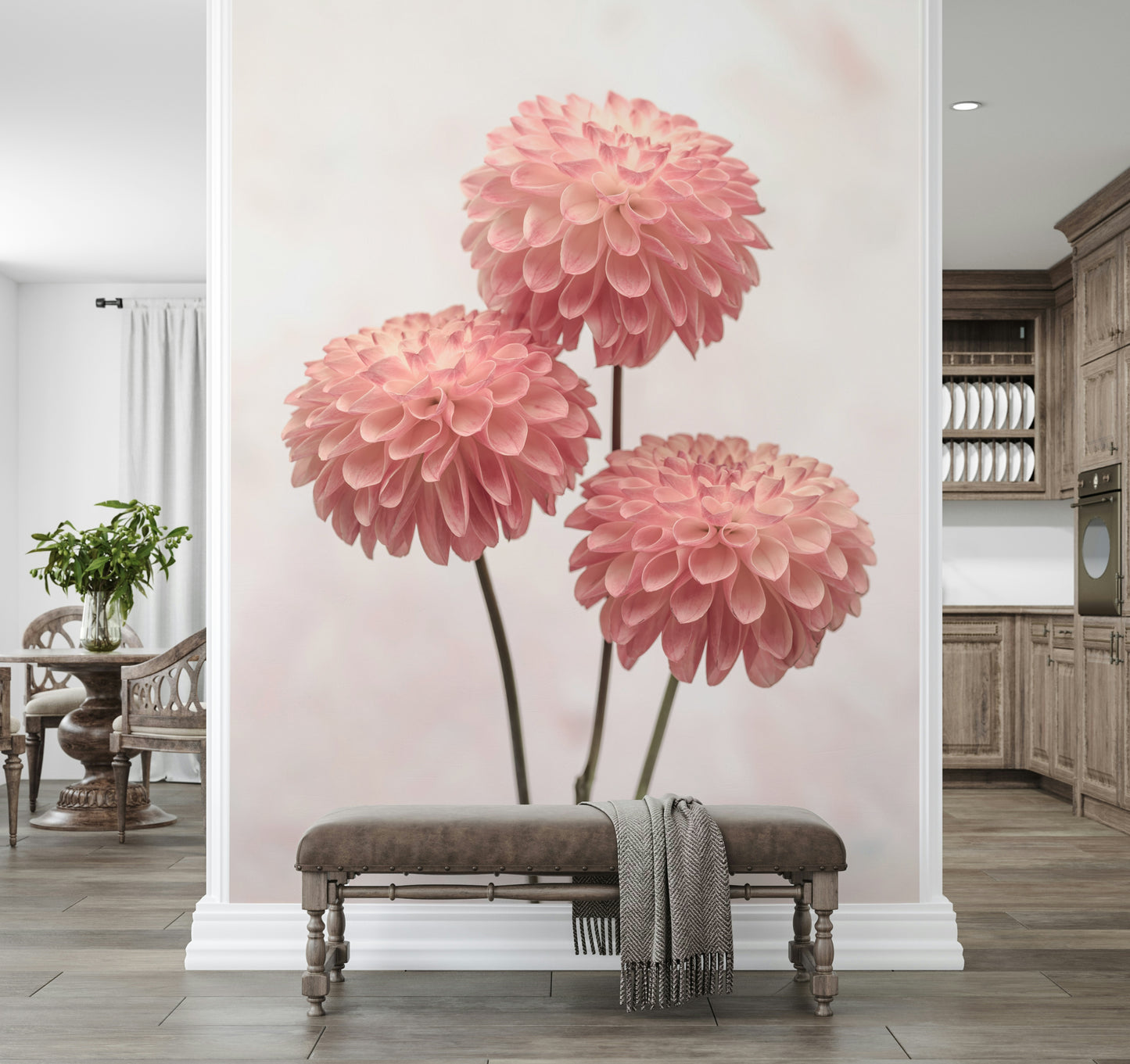 Blush dahlia bloom mural, serene floral wall decor.
