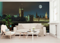 Big Ben moonlight mural, Westminster Abbey architectural backdrop.
