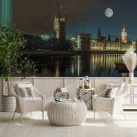 Spectra Westminster mural, stunning London full moon nightscape.