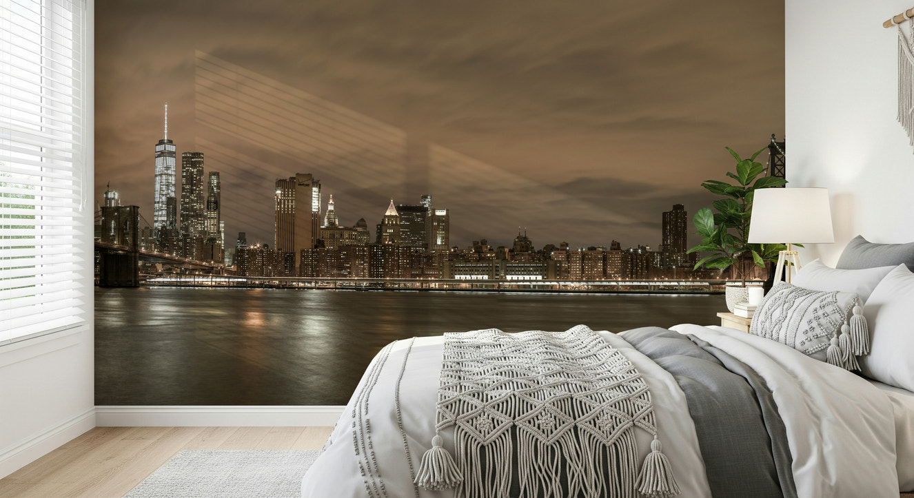 Gotham Bridgescape panorama mural, dramatic city skyline view.