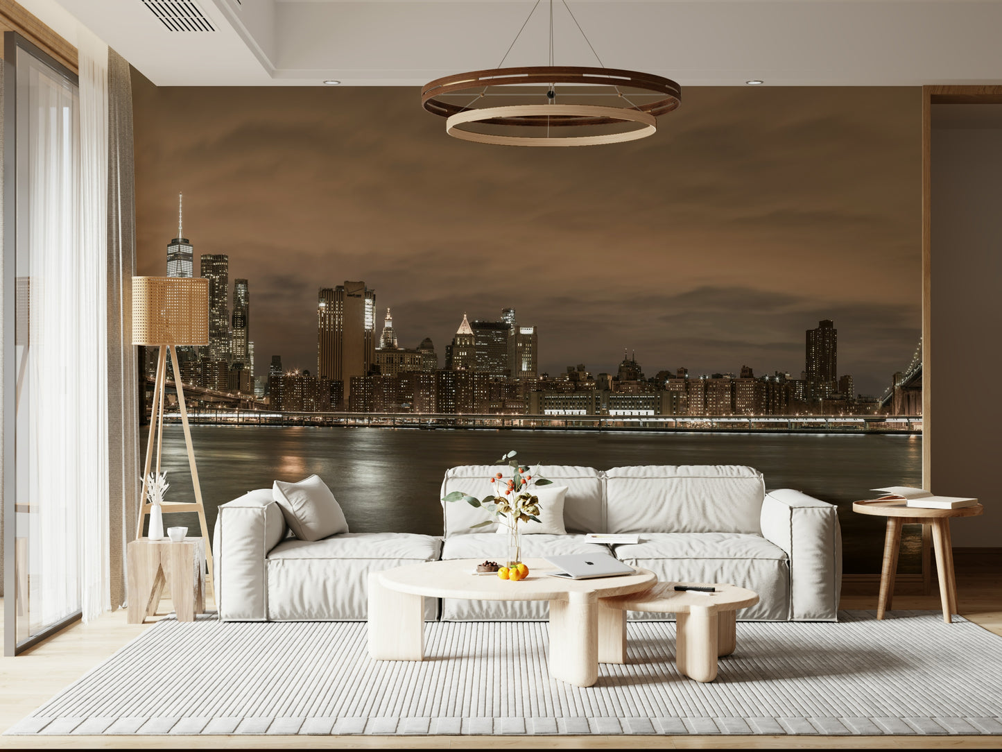 Authentic Gotham Bridgescape skyline wallpaper, river reflection scene.