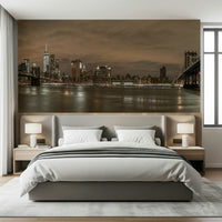 Panoramic Gotham Bridgescape mural, two landmark bridges framing.