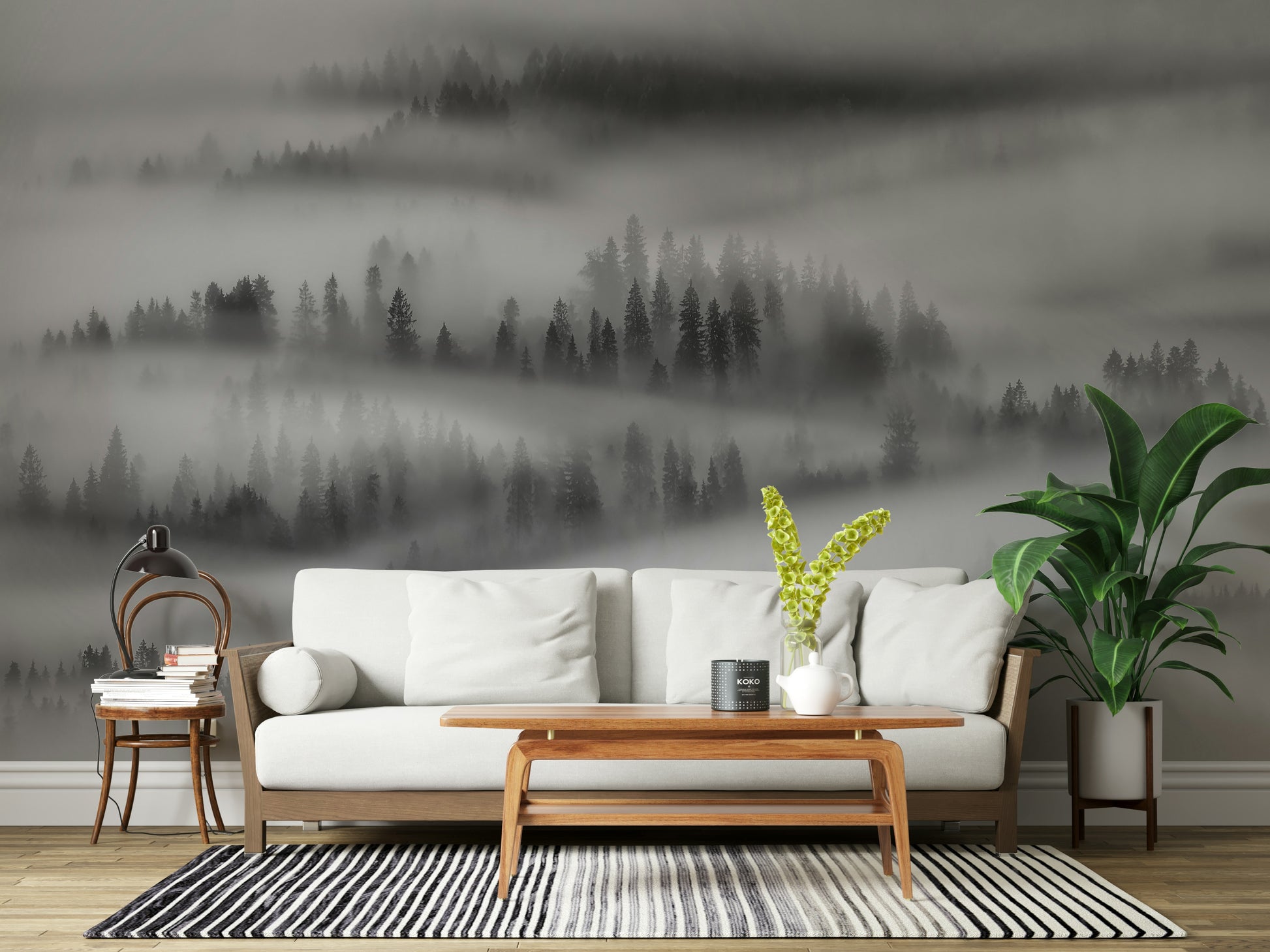 Decorative Misty Forest print wallpaper, peaceful nature view.