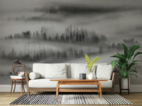 Decorative Misty Forest print wallpaper, peaceful nature view.