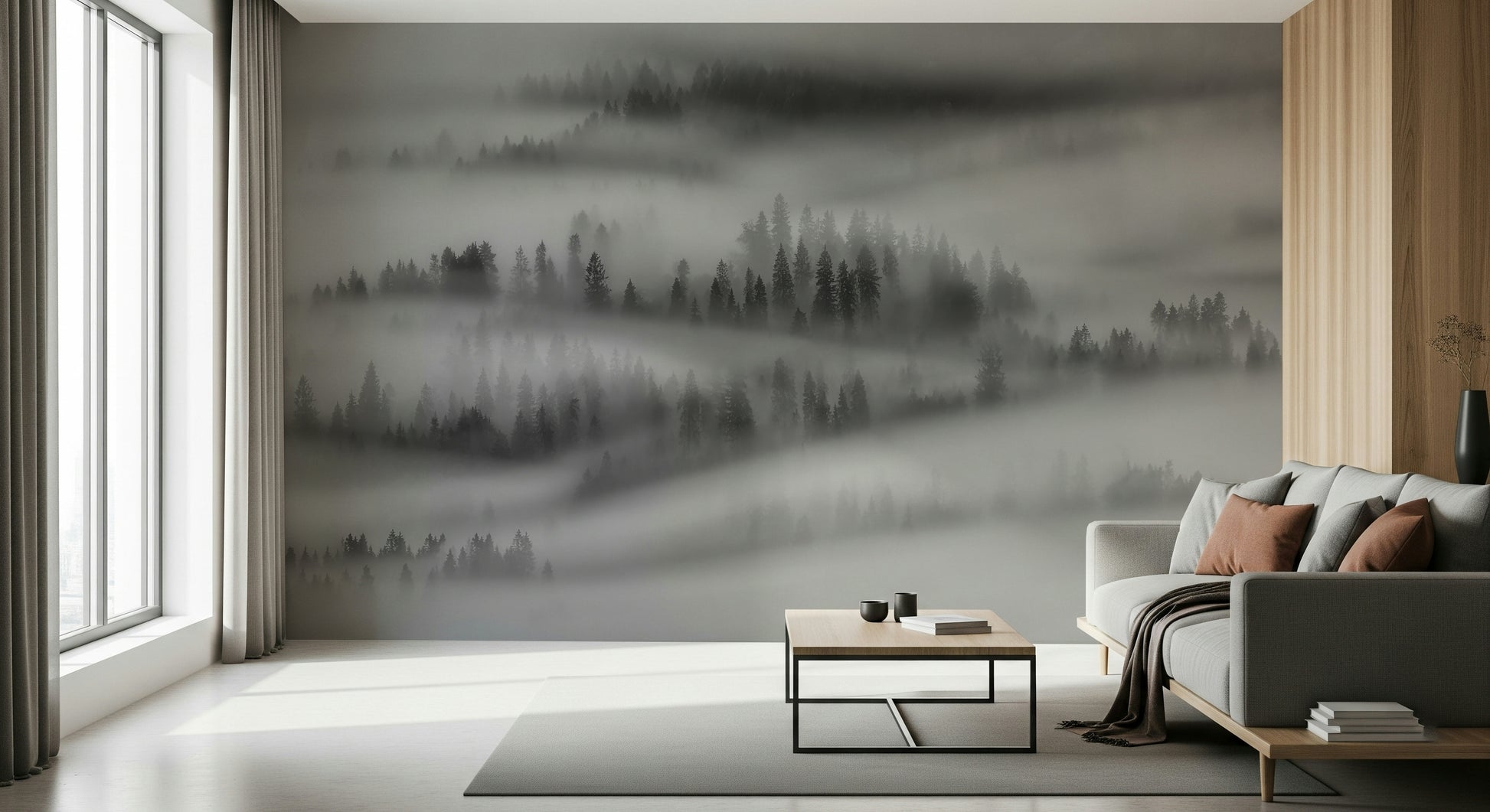 Authentic Woodland atmosphere mural, tranquil arboreal beauty.