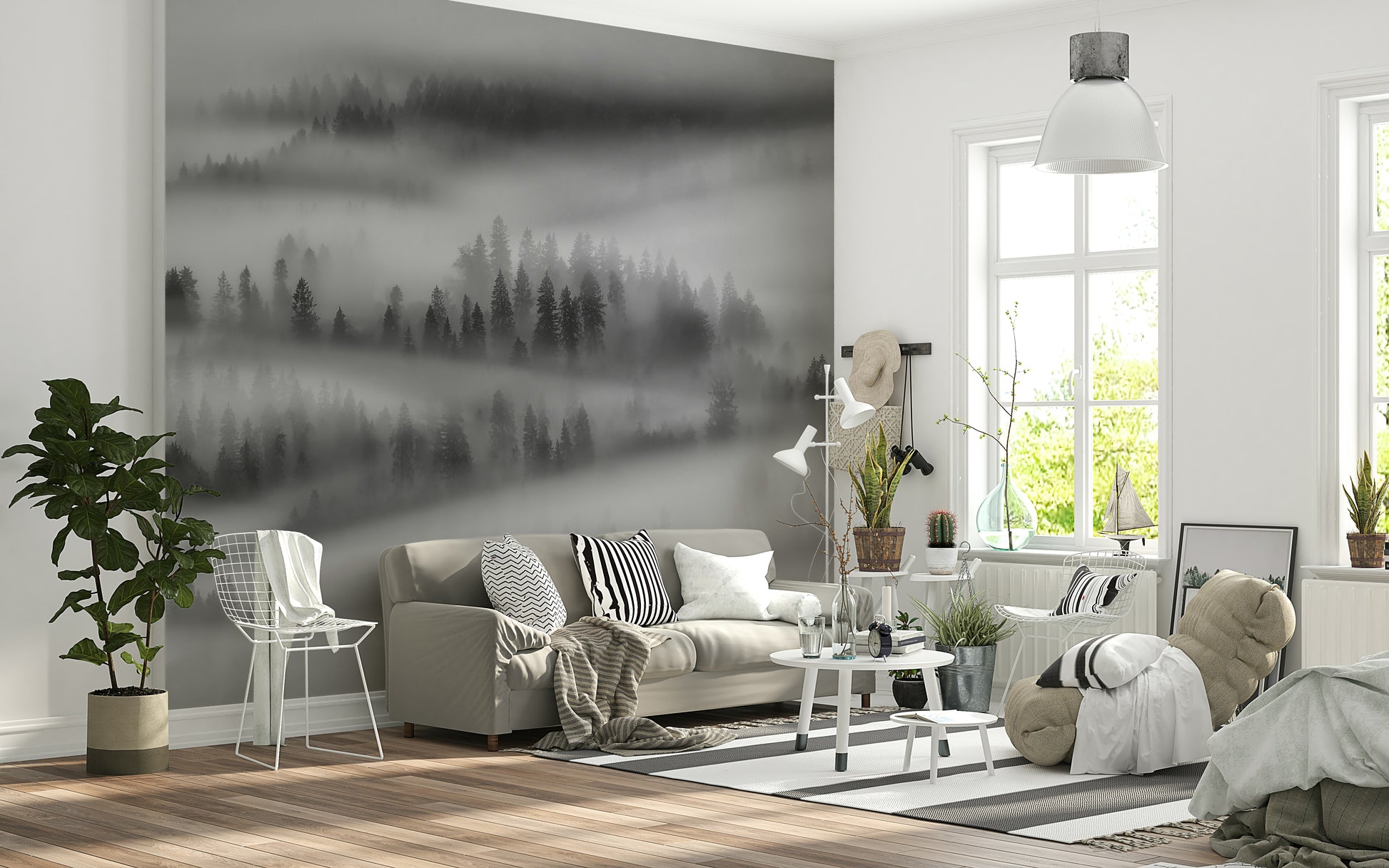 High-quality Woodland scenic mural, beautiful foggy landscape.