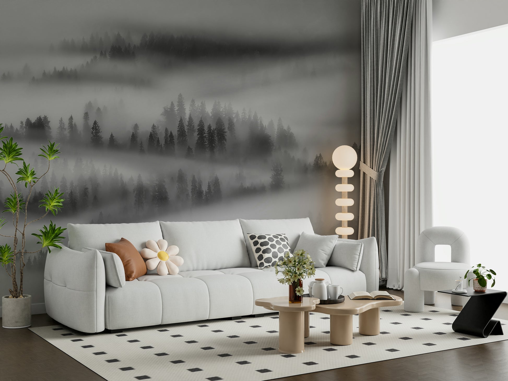 Deep forest fog mural, dramatic black and white scenery.