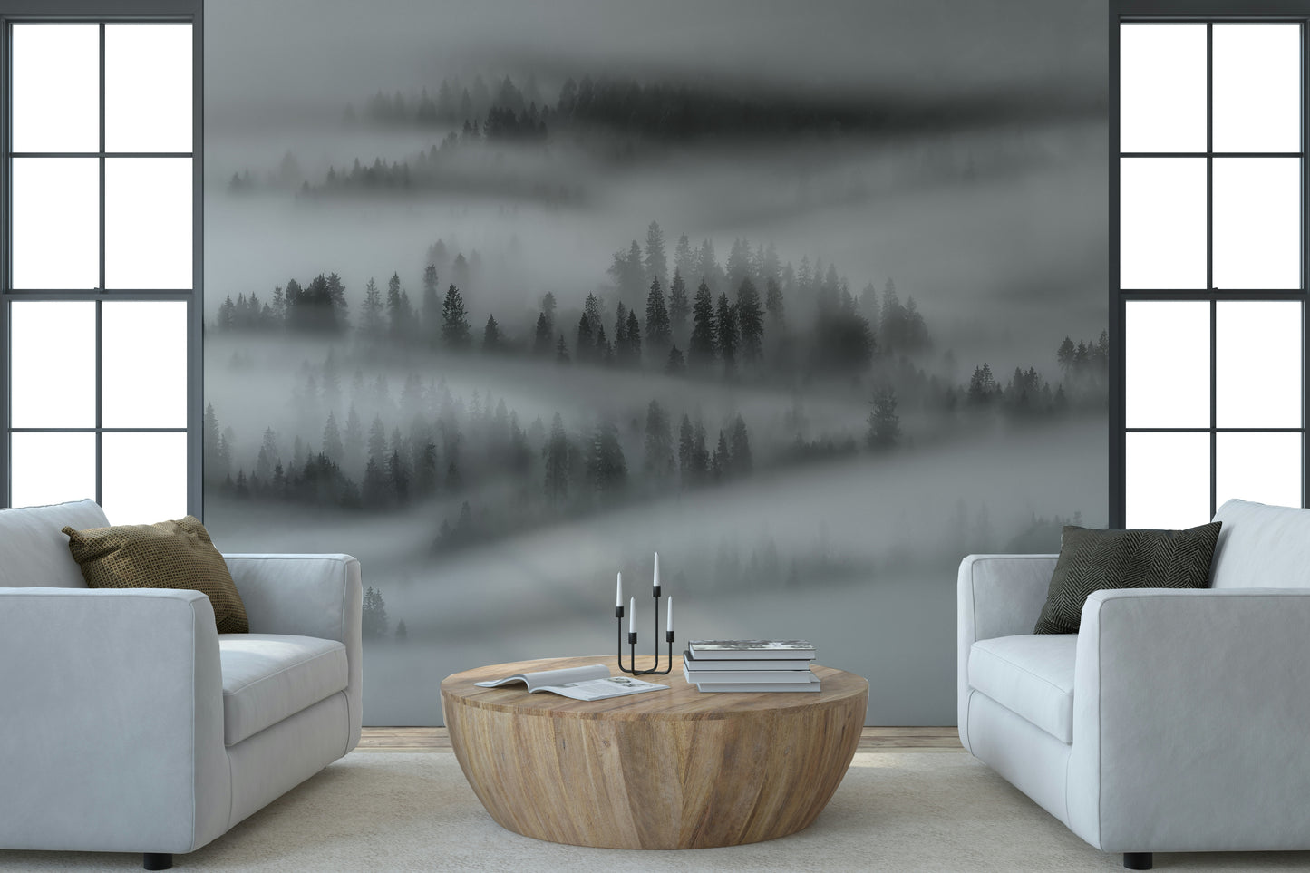 Abstract Woodland scene wallpaper, soft layers of gray.