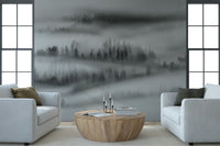 Abstract Woodland scene wallpaper, soft layers of gray.