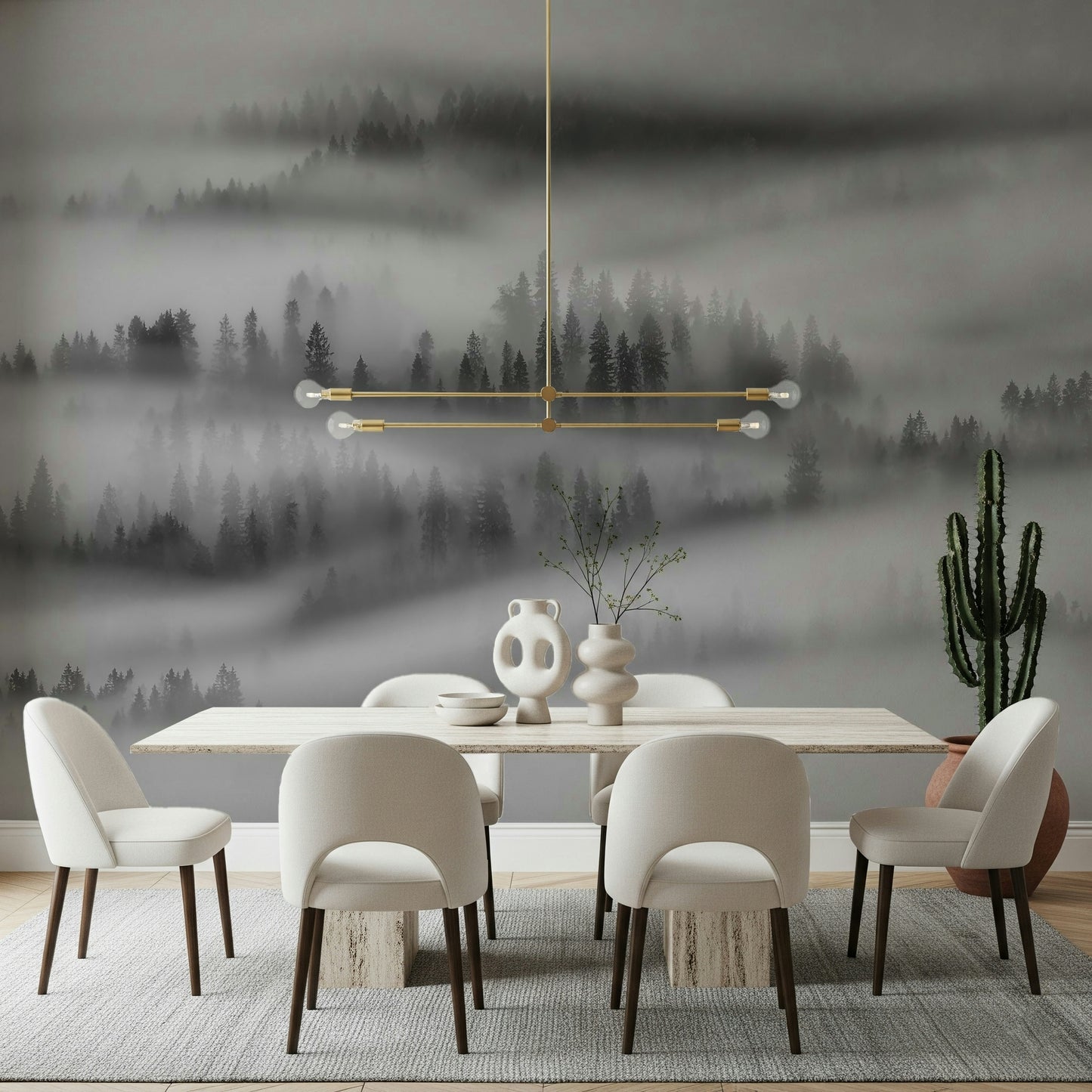 Misty Forest landscape mural, ethereal trees in fog.