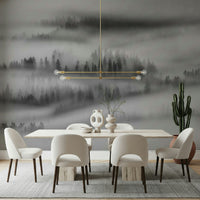Misty Forest landscape mural, ethereal trees in fog.