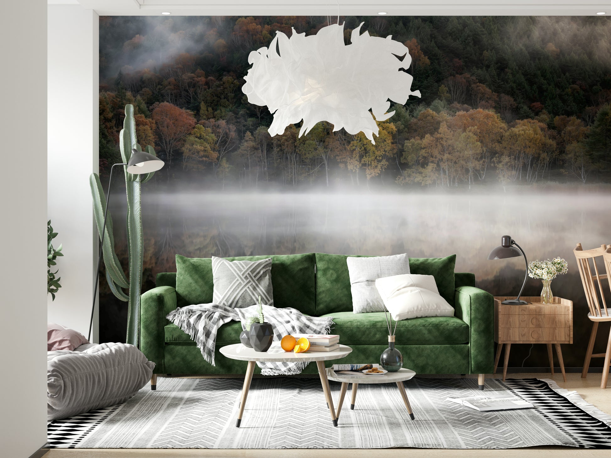 Edge Woodland wall mural Autumnal forest fog scenic backdrop.