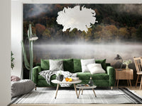 Edge Woodland wall mural Autumnal forest fog scenic backdrop.