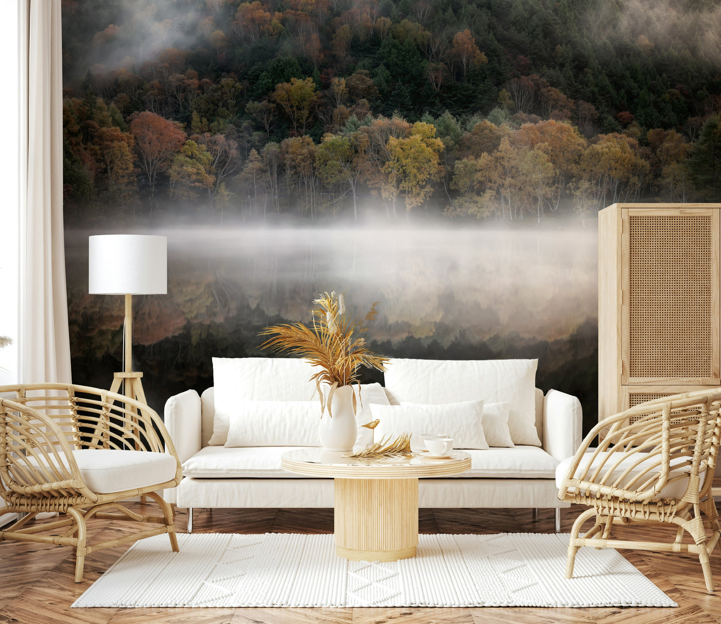 Luminous lakeside scenery, Edge Woodland autumnal design panel.