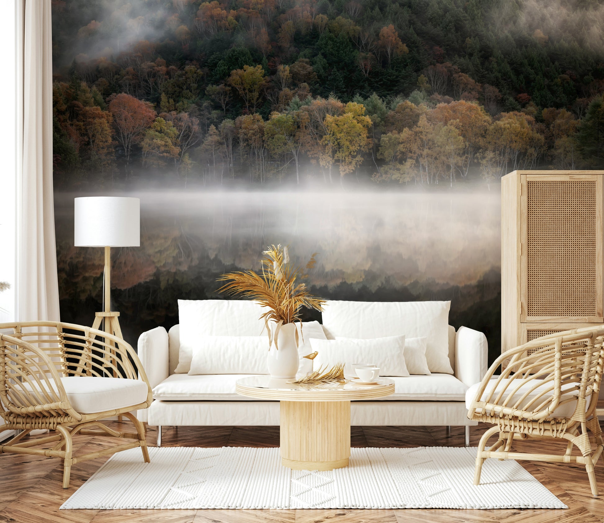 Luminous lakeside scenery, Edge Woodland autumnal design panel.