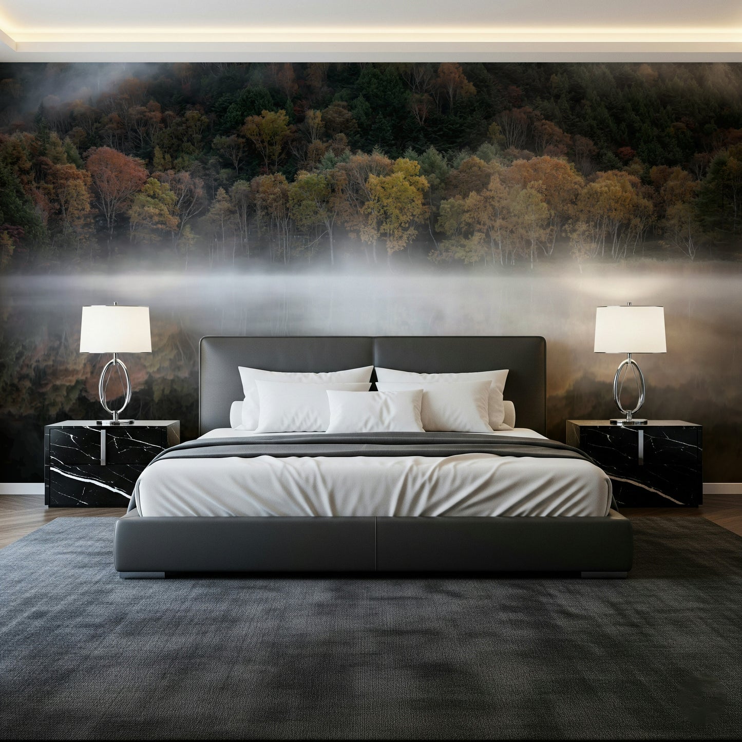 Ethereal Waters wallpaper: Misty lake reflection wall art décor.