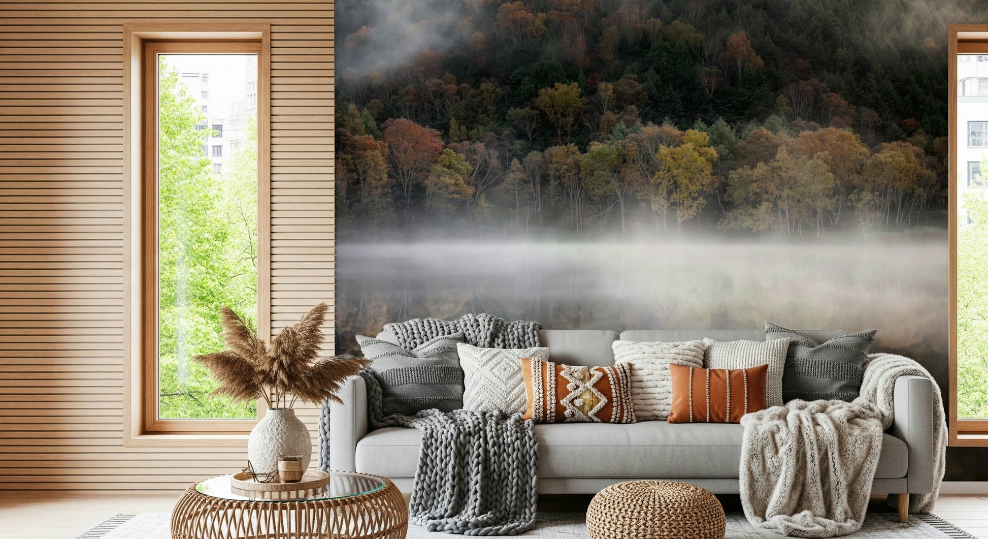 Golden trees mirroring, Ethereal Waters breathtaking mural.