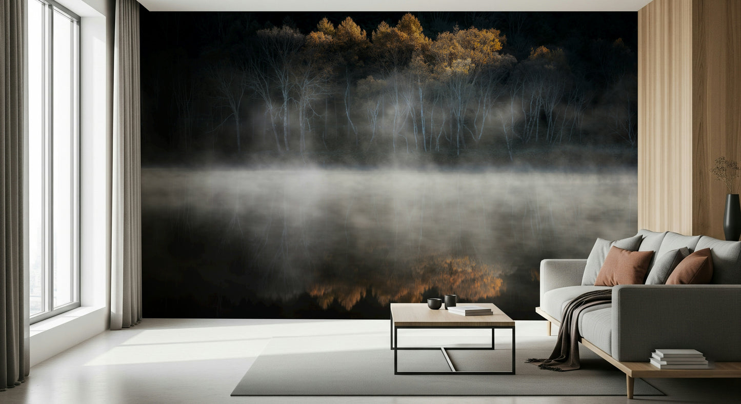 Still lake mirroring bright foliage Mist and Light Woodland feature wall art.