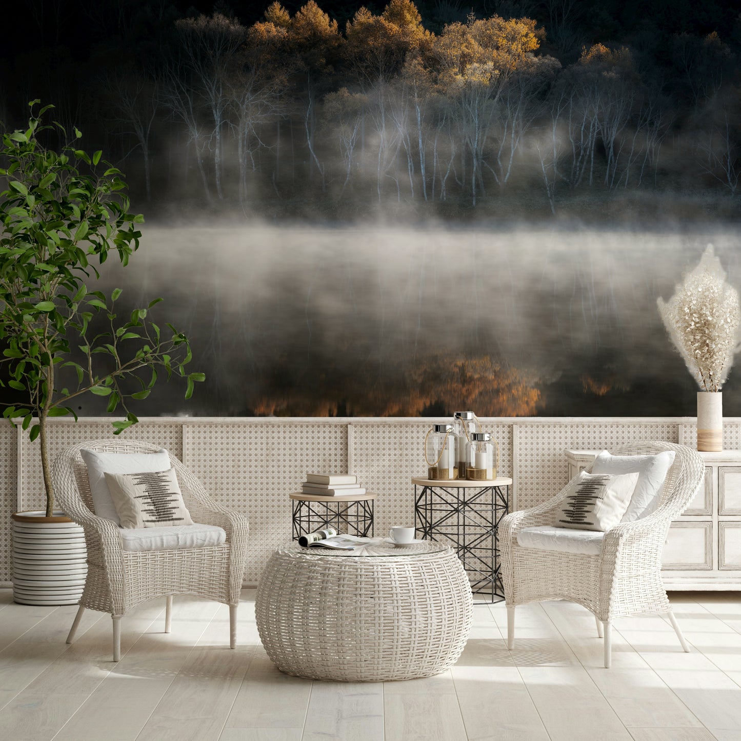 Silent shoreline with strong reflection Mist and Light Woodland panoramic wall print.