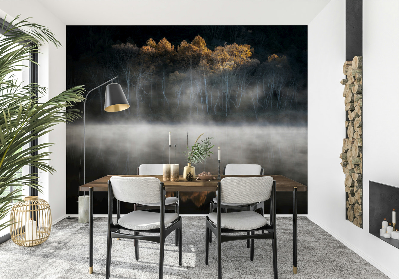 Spectacular glow of autumn leaves Mist and Light Woodland photographic mural.