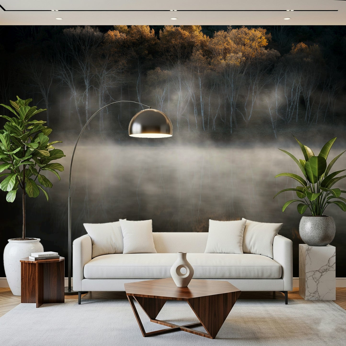 Serene morning light on the treetops Mist and Light Woodland artistic wallpaper.