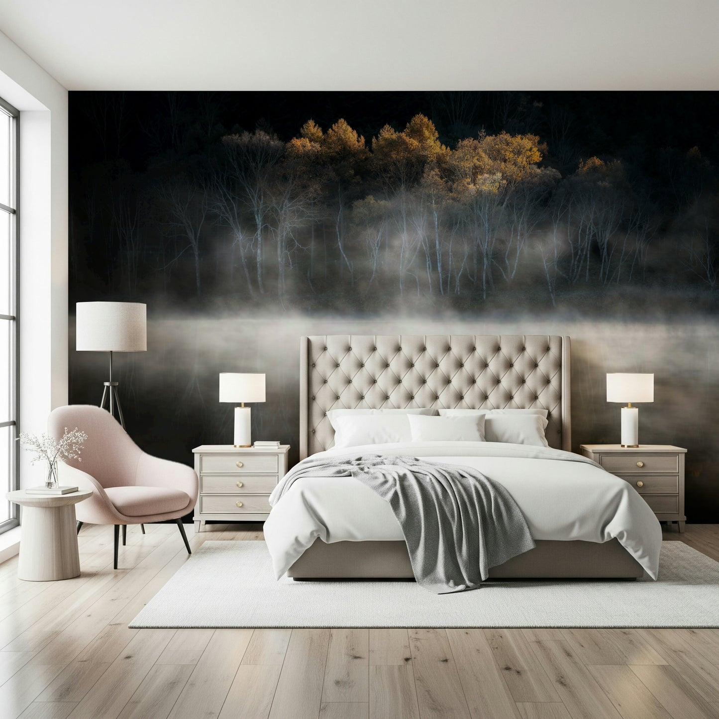 Soft lighting on skeletal trees Mist and Light Woodland decorative paper.