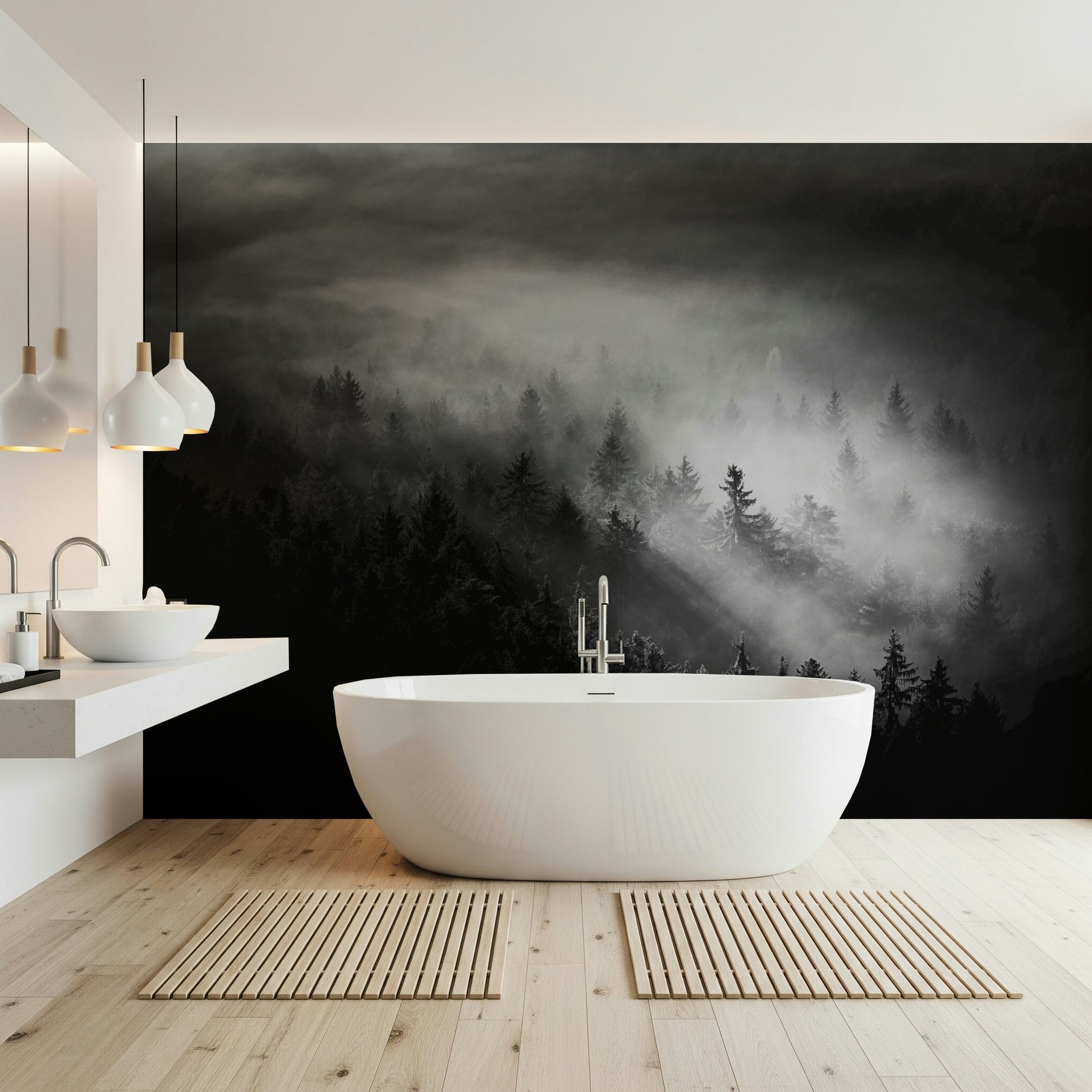 Monochromatic pine slope visual Foggy Forest Woodland unique wall design.