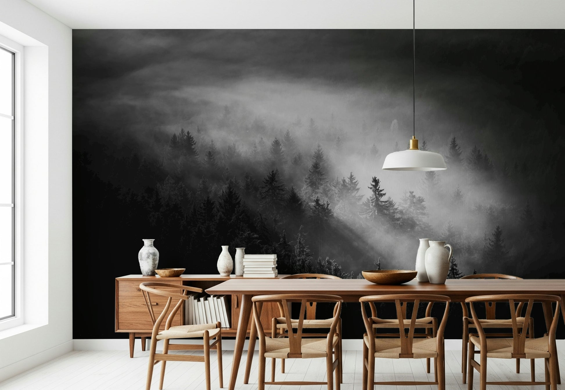 Powerful moody forest landscape Foggy Forest Woodland wall mural graphic.