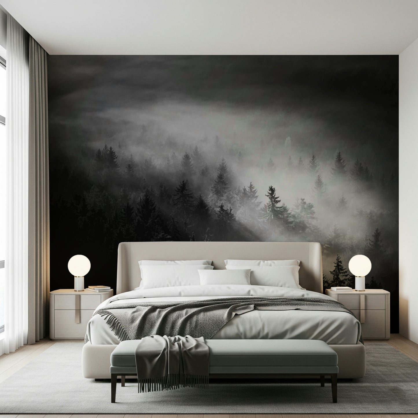 Radiant sunbeams over the mist Foggy Forest Woodland room wall art.