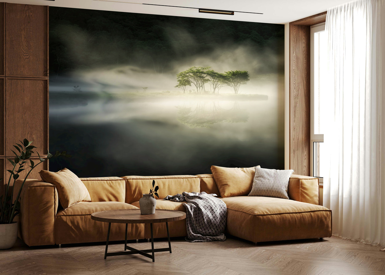 Foggy lake with small trees Misty Lake Woodland wall mural display.