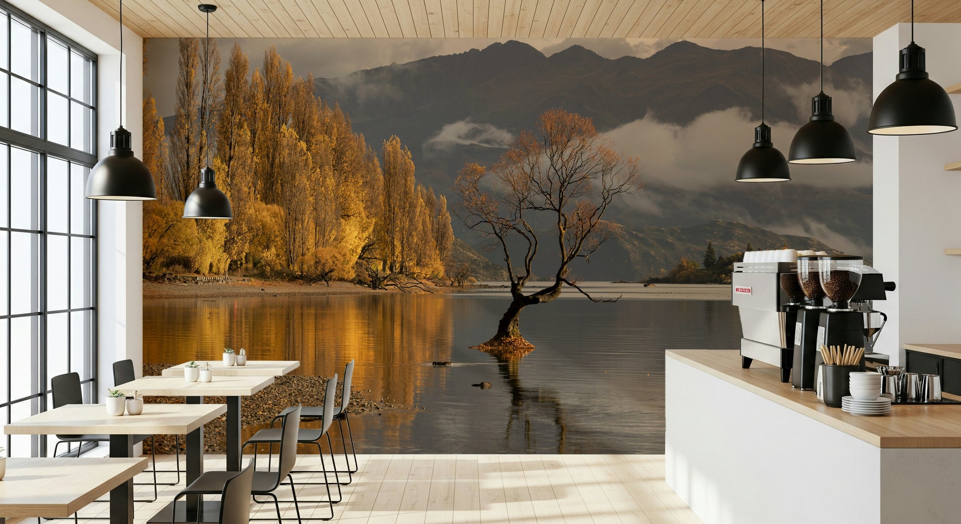 Cloud-kissed peaks, vibrant shore Autumn Woodland Dawn Mirror room mural.