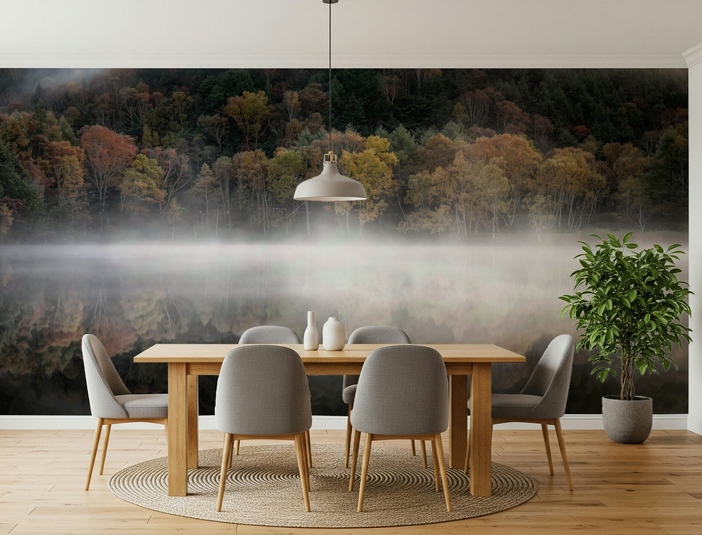 Lush forest with foggy lake Enchanted Woodland Mist Reflection wall art.